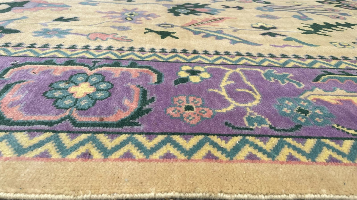 Modern Boho Tribal Geometric Motif Light Gold and Lavender Purple Wool Area Rug
