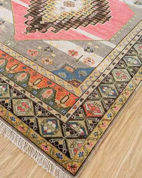 Hand-Knotted Oushak Wool Rug - Vintage Pink & Muted Gold Medallion Area Rug