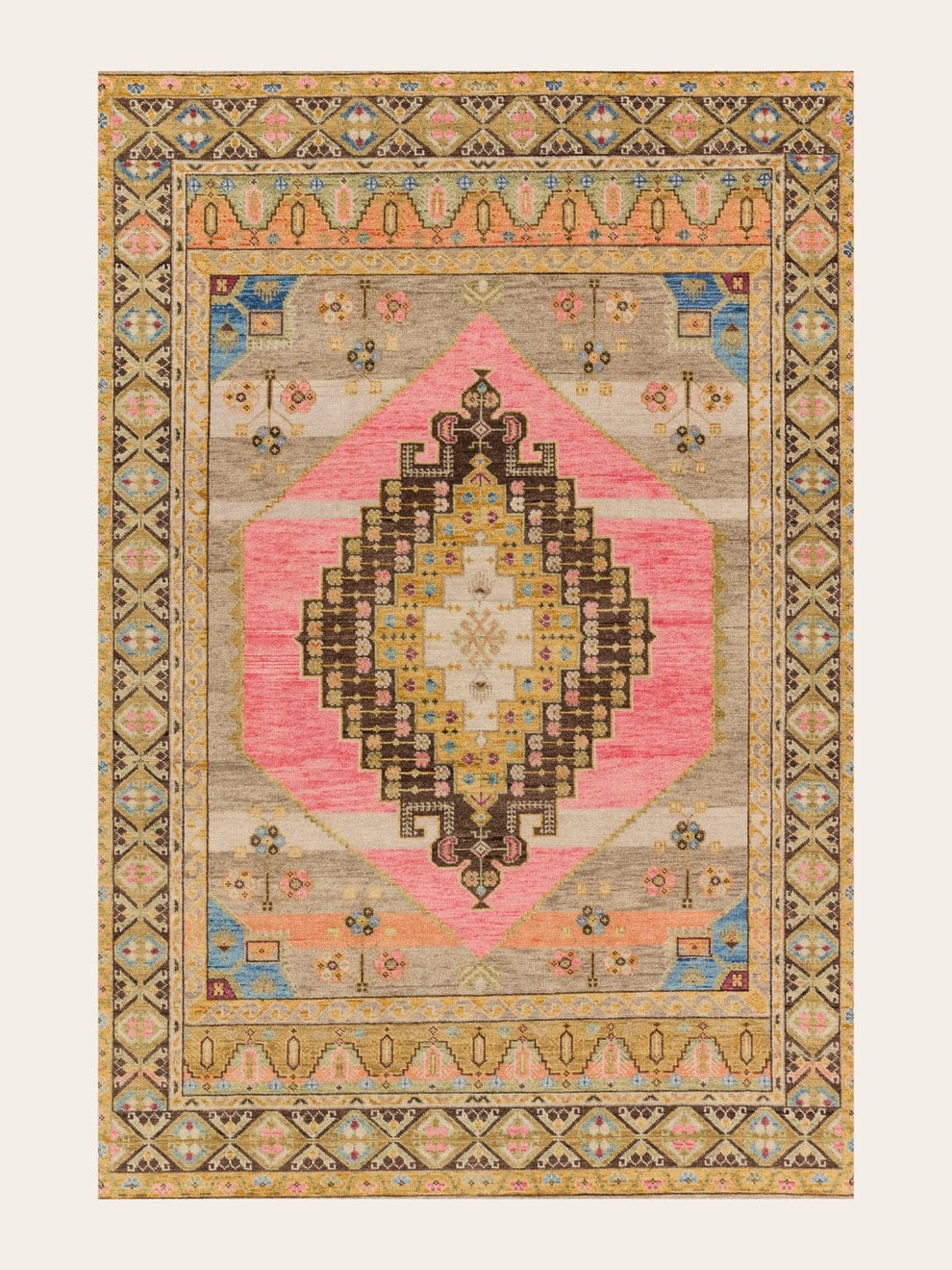 Hand-Knotted Oushak Wool Rug - Vintage Pink & Muted Gold Medallion Area Rug
