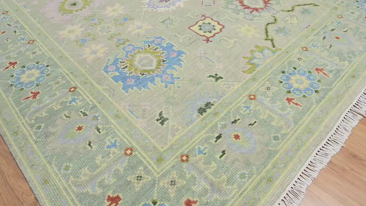 Premium Hand-Knotted Oushak Wool Rug - Muted Sage Green & Lavender Pastel Turkish Style Carpet - Custom Size Area Rug for Living Room, Bedroom & Nursery