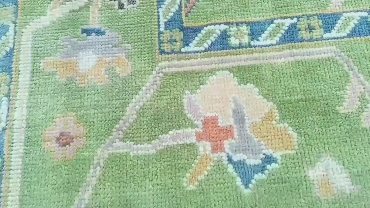 Premium Hand-Knotted Oushak Wool Rug - Minimalist Sage Green Pastel Floral Carpet