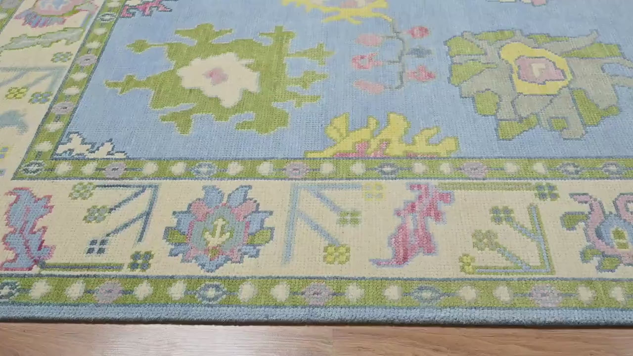 Premium Hand-Knotted Oushak Wool Rug - Sky Blue & Ivory Border Pastel Turkish Carpet - Custom Size Area Rug for Living Room, Bedroom & Nursery