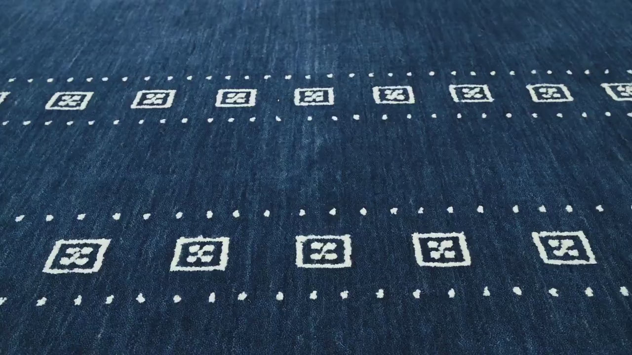 Premium Hand-Knotted Gabbeh Wool Rug - Minimalist Navy Indigo Blue Geometric Tribal Area Carpet - Custom Size Available