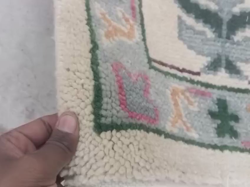 Premium Hand-Knotted Oushak Wool Rug - Creamy Ivory & Sage Green Tree of Life Carpet - Custom Size Traditional Area Rug for Living Room, Bedroom & Dining Space