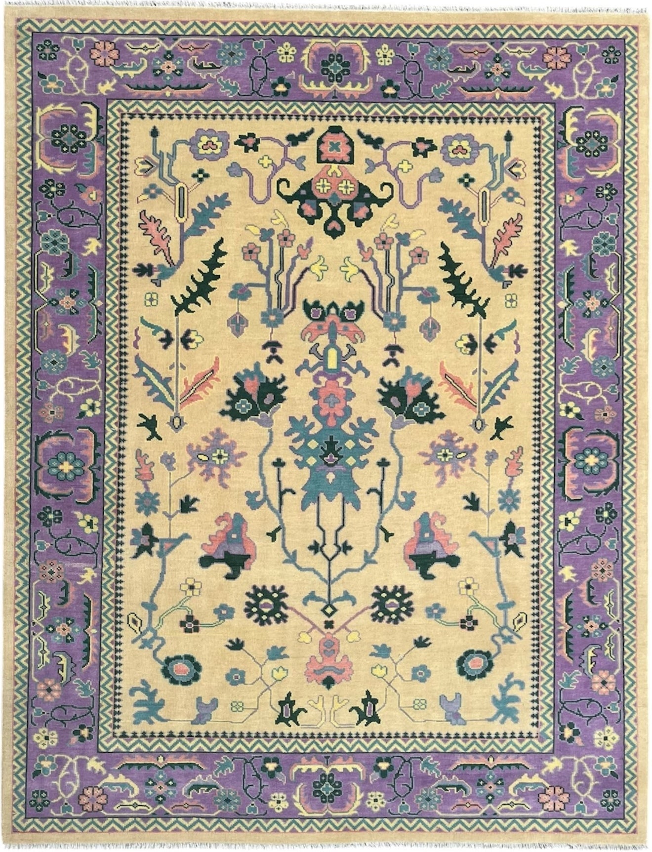 Premium Hand-Knotted Oushak Wool Rug - Ivory Cream and Purple Lavender Floral Carpet