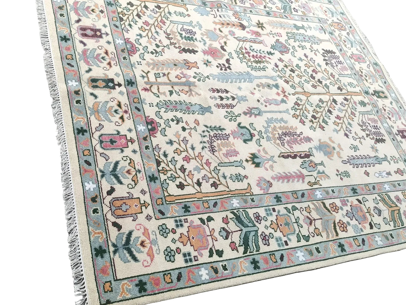 Premium Hand-Knotted Oushak Wool Rug - Creamy Ivory & Sage Green Tree of Life Carpet - Custom Size Traditional Area Rug for Living Room, Bedroom & Dining Space