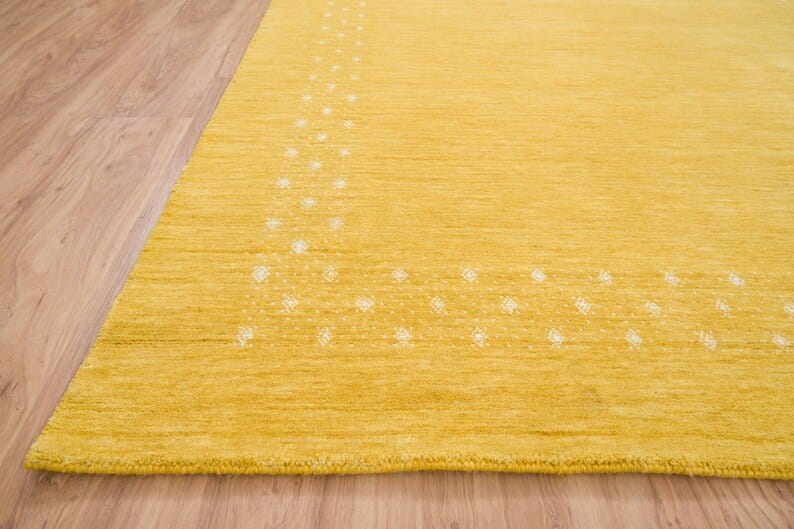 Premium Hand-Knotted Gabbeh Wool Rug - Minimalist Golden Mustard Yellow Carpet