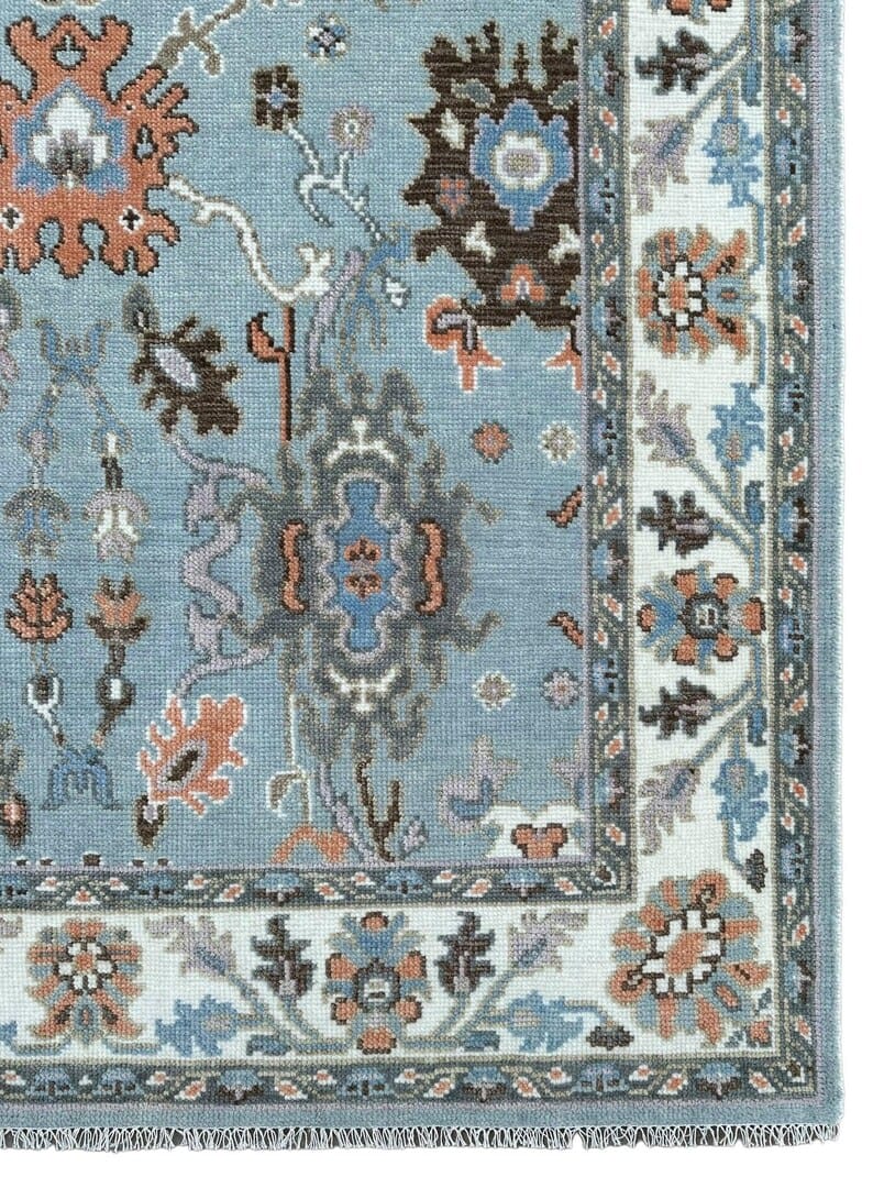 Premium Hand-Knotted Oushak Wool Rug - Steel Blue & Ivory Border Turkish Style Carpet - Custom Size Area Rug for Living Room, Bedroom & Dining Space