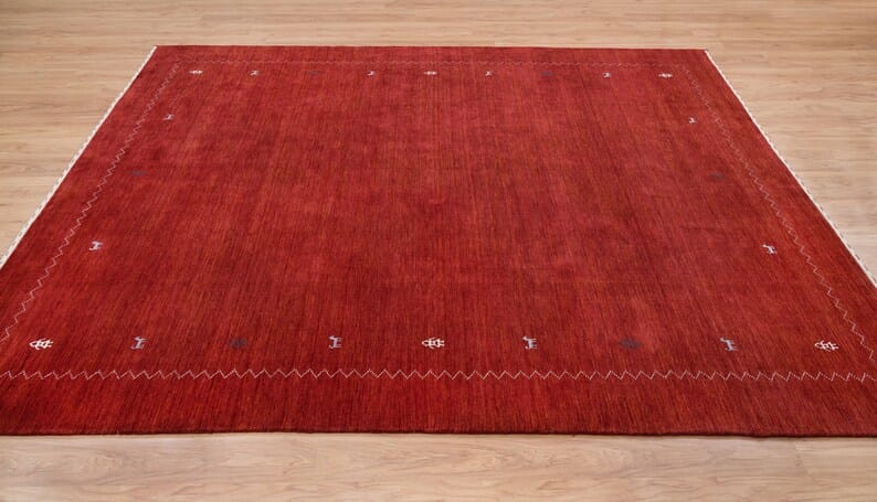Premium Hand-Knotted Gabbeh Wool Rug - Minimalist Dark Red Maroon Geometric Carpet