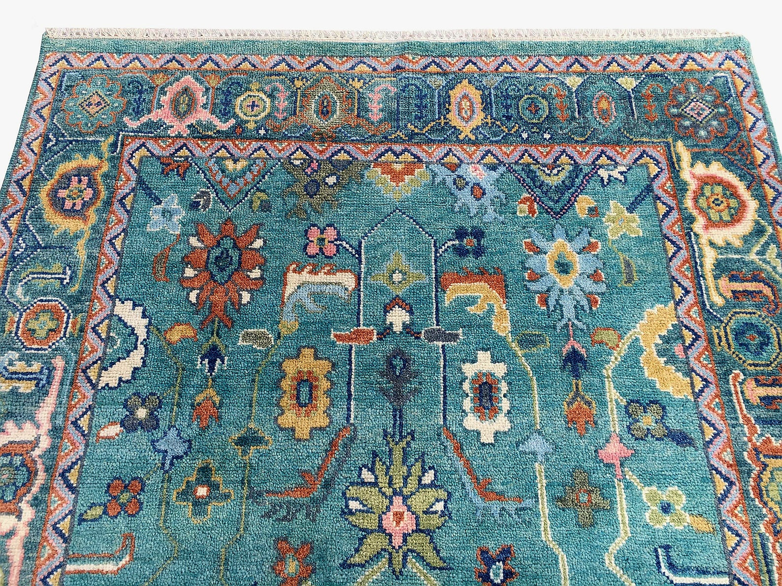Premium Hand-Knotted Oushak Wool Rug - Vibrant Teal Blue & Terracotta Turkish Style Carpet - Custom Size Area Rug for Living Room, Bedroom & Dining Space