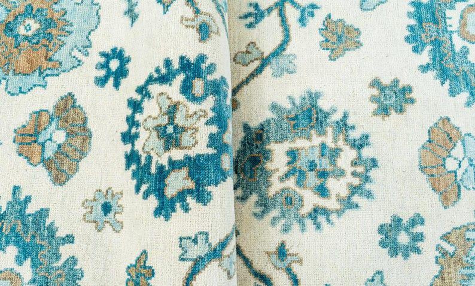 Premium Hand-Knotted Oushak Wool Rug - Creamy Ivory & Turquoise Blue Turkish Carpet - Custom Size Traditional Area Rug for Living Room, Bedroom & Coastal Spaces