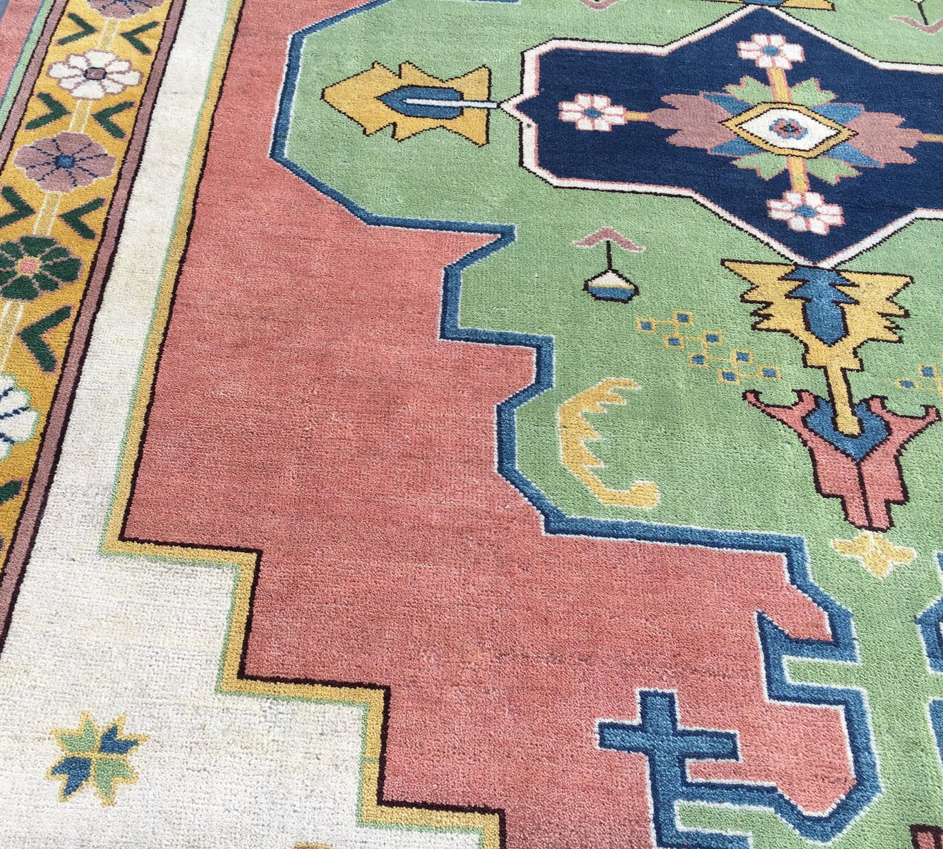 Premium Hand-Knotted Oushak Wool Rug - Vibrant Teal Blue & Terracotta Turkish Style Carpet - Custom Size Area Rug for Living Room, Bedroom & Dining Space