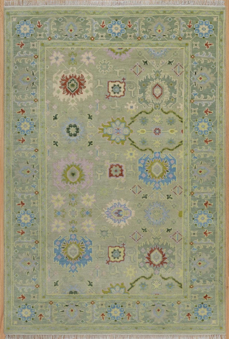 Premium Hand-Knotted Oushak Wool Rug - Muted Sage Green & Lavender Pastel Turkish Style Carpet - Custom Size Area Rug for Living Room, Bedroom & Nursery