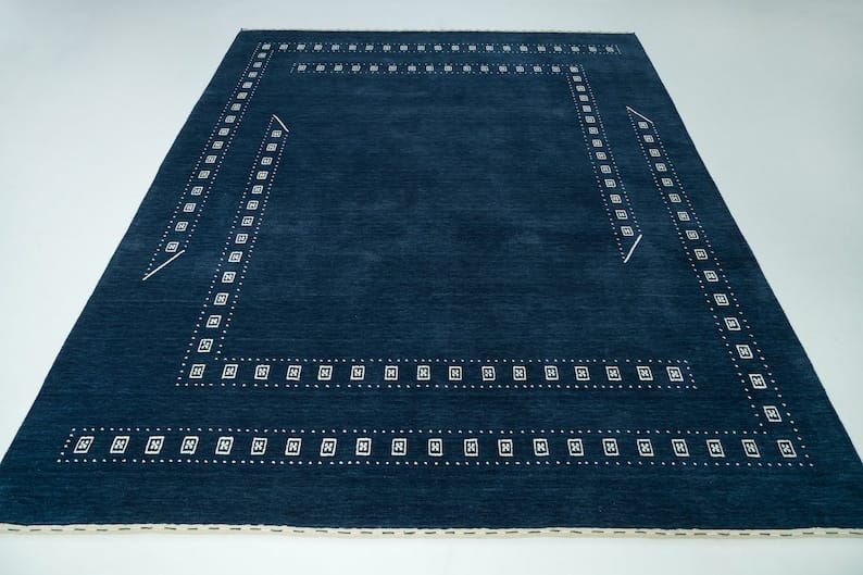 Premium Hand-Knotted Gabbeh Wool Rug - Minimalist Navy Indigo Blue Geometric Tribal Area Carpet - Custom Size Available