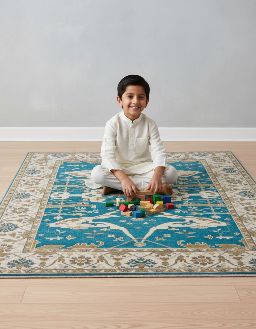 Premium Hand-Knotted Oushak Wool Rug - Teal Indigo Blue & Cream Turkish Carpet