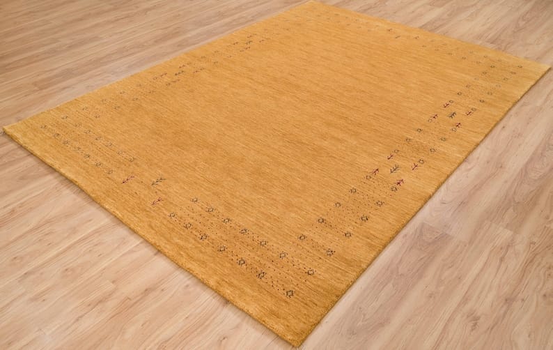 Premium Hand-Knotted Gabbeh Wool Rug - Minimalist Honey Mustard Gold Organic Tribal Area Carpet - Custom Size Available