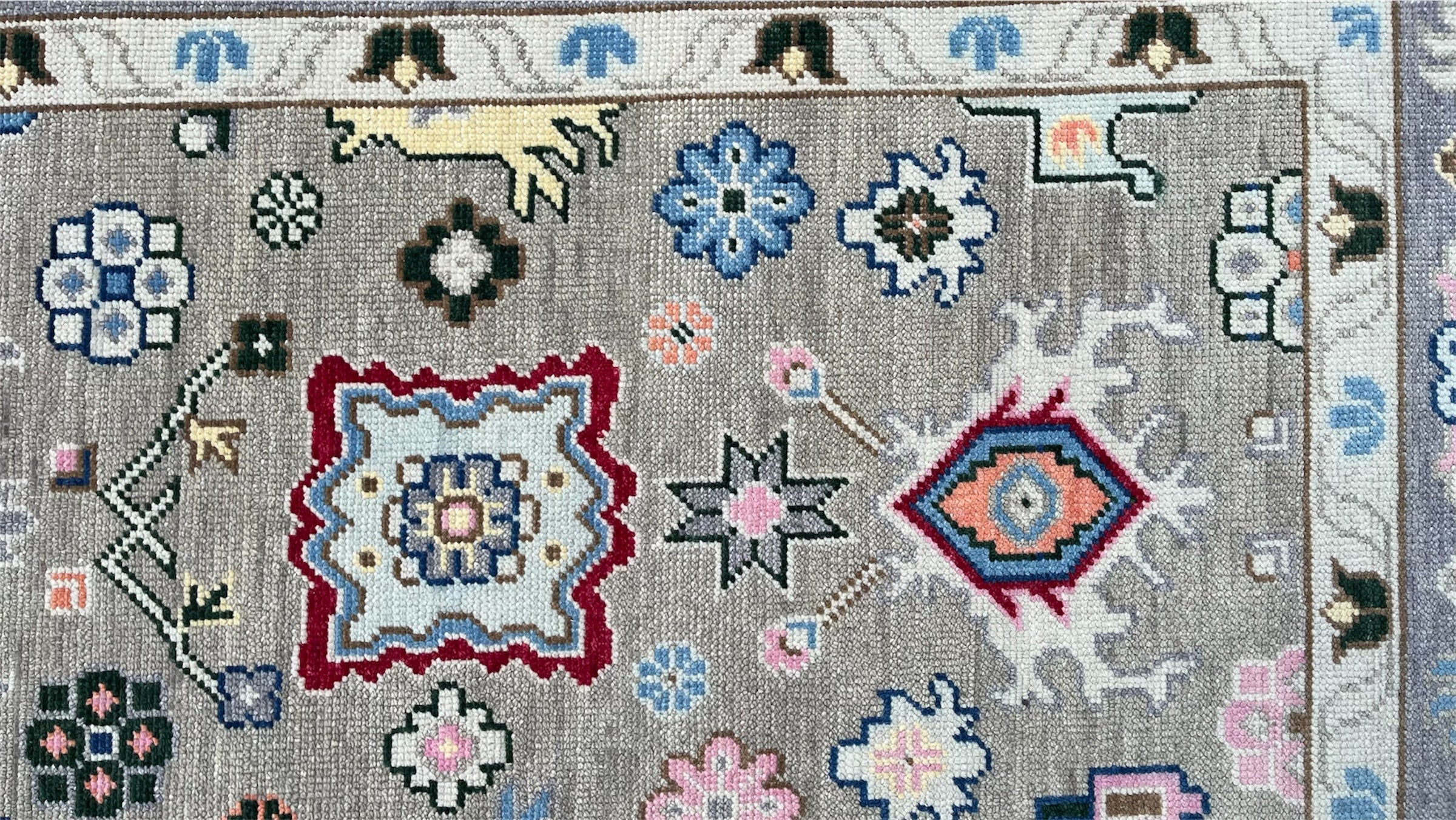 Premium Hand-Knotted Oushak Wool Rug - Muted Slate Blue Pastel Floral Carpet