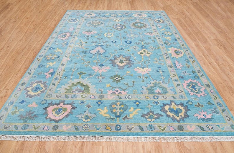 Premium Hand-Knotted Oushak Wool Rug - Serene Light Blue Pastel Floral Carpet