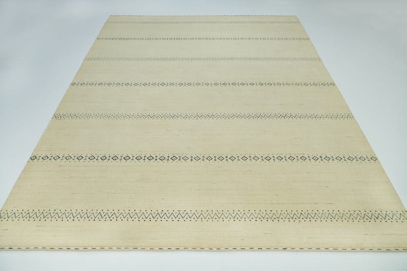 Premium Hand-Knotted Gabbeh Wool Rug - Minimalist Cream Ivory Striped Carpet