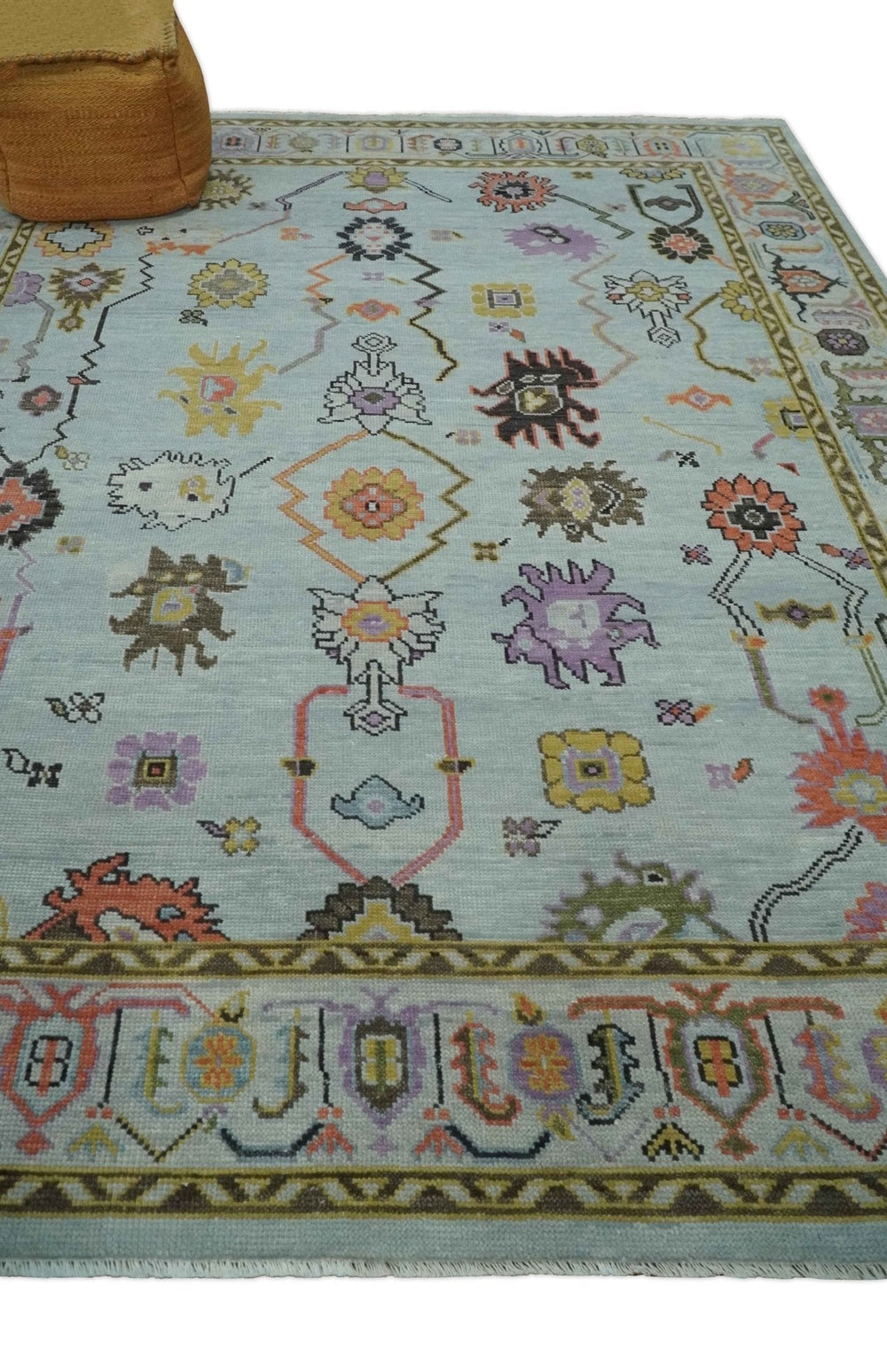 Premium Hand-Knotted Oushak Wool Rug - Serene Light Blue Pastel Floral Carpet