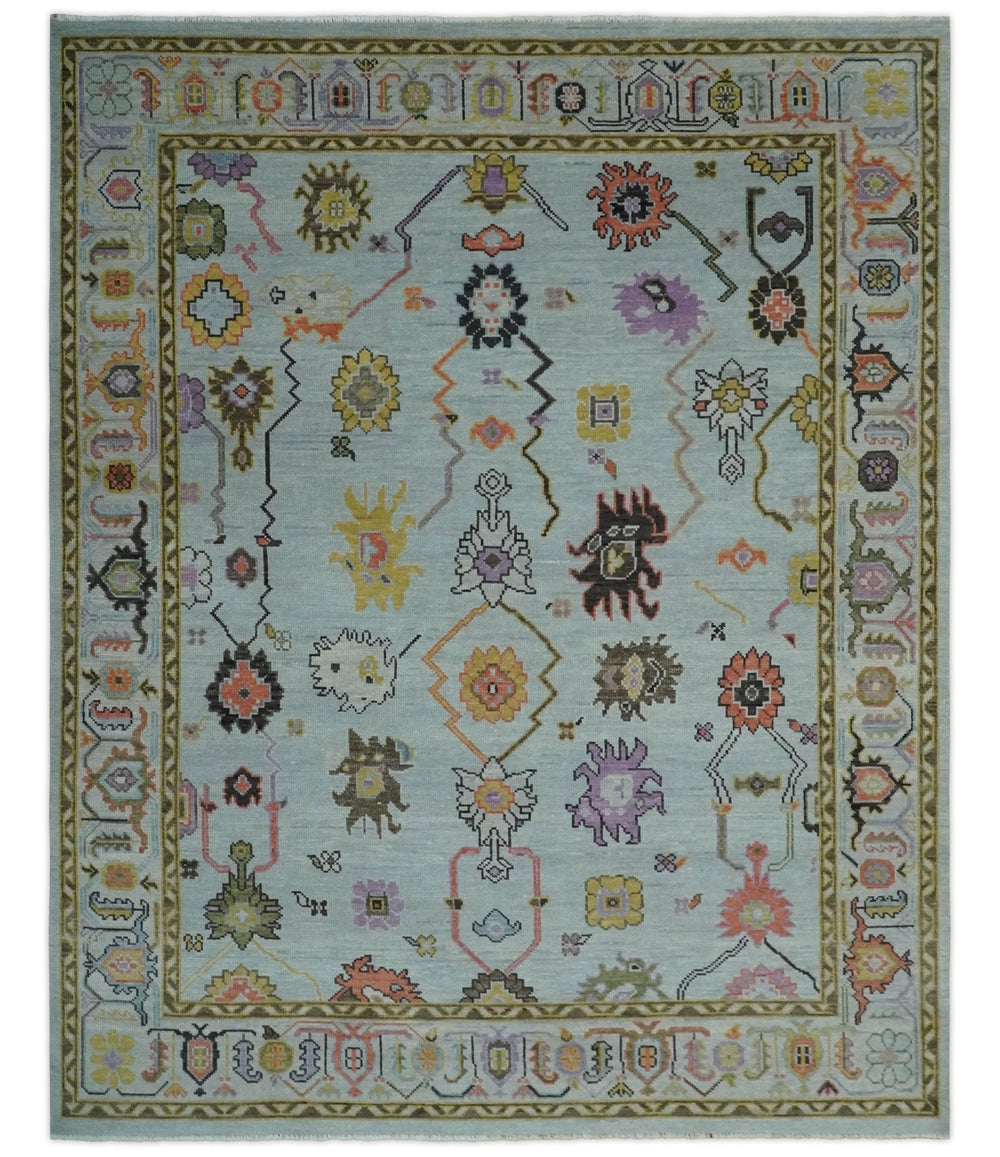 Premium Hand-Knotted Oushak Wool Rug - Serene Light Blue Pastel Floral Carpet