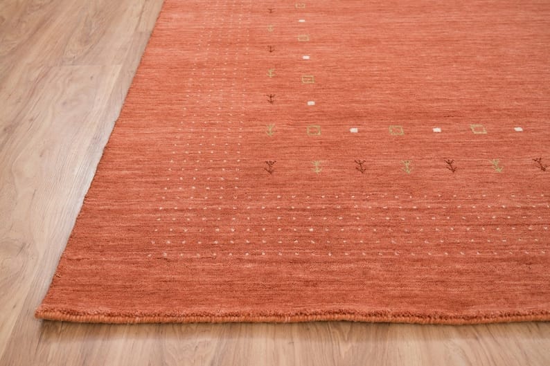 Premium Hand-Knotted Gabbeh Wool Rug - Minimalist Rust Orange Turkish Carpet