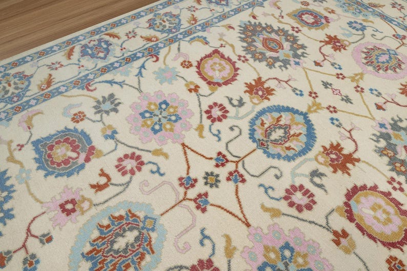 Premium Hand-Knotted Oushak Wool Rug - Creamy Ivory & Slate Blue Pastel Turkish Carpet - Custom Size Area Rug for Living Room, Bedroom & Dining Space