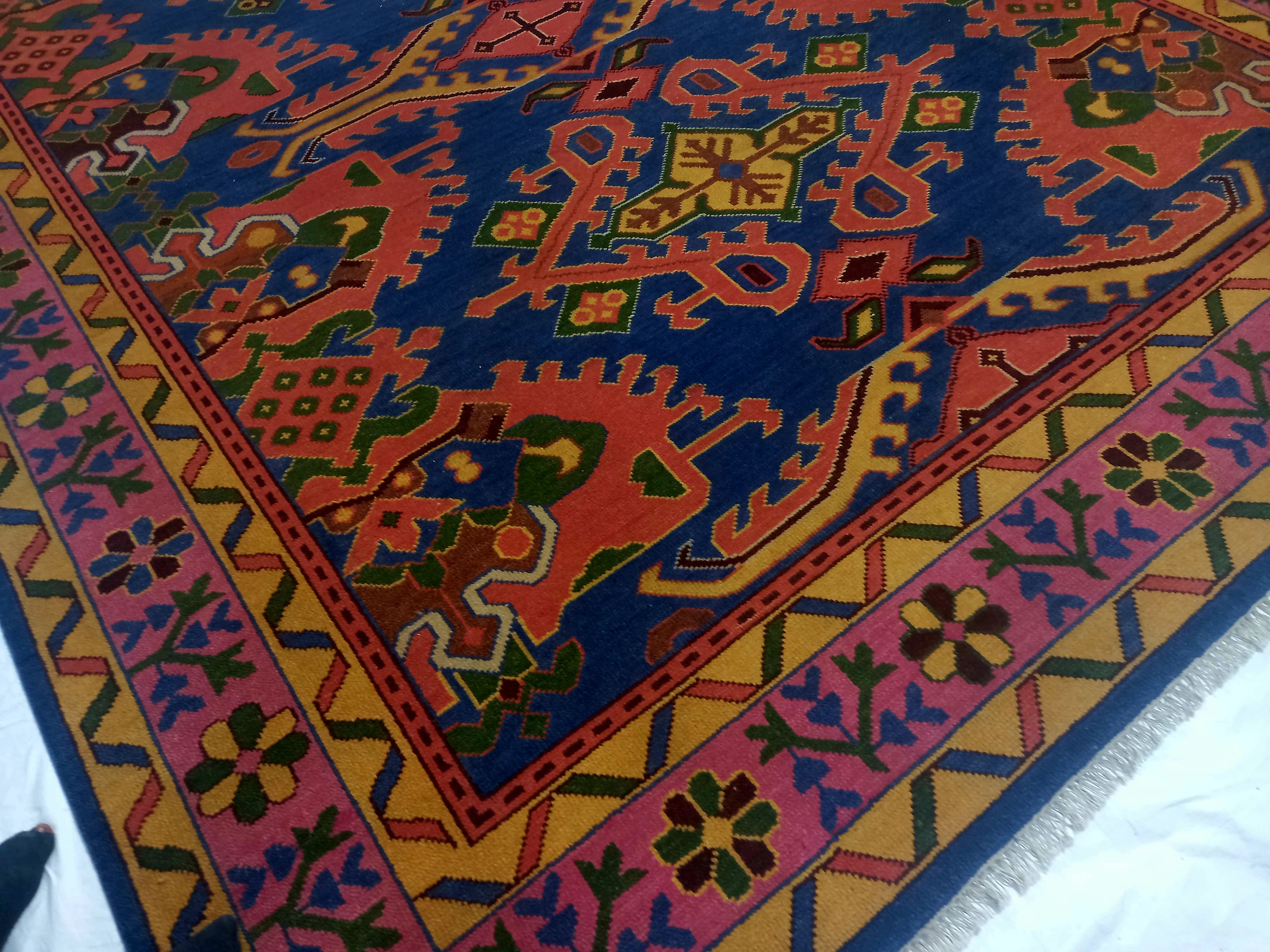 Premium Hand-Knotted Heriz Serapi Wool Rug - Royal Blue & Terracotta Geometric Carpet - Custom Size Traditional Area Rug for Living Room & Dining Space