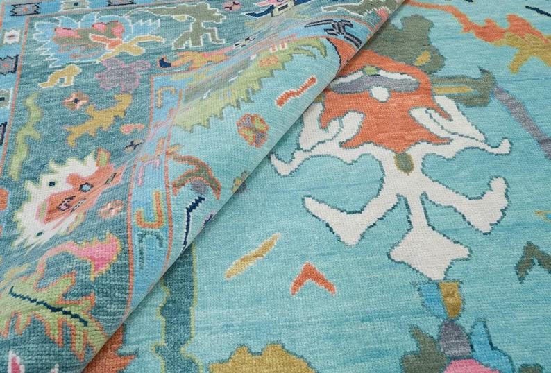 Premium Hand-Knotted Oushak Wool Rug - Vibrant Turquoise Blue Terracotta Floral Carpet