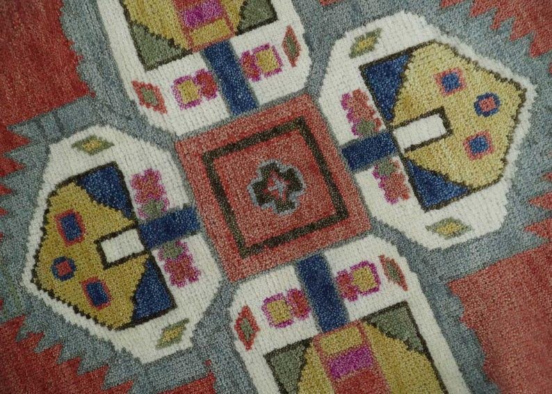 Premium Hand-Knotted Oushak Wool Rug - Rust Red & Navy Blue Geometric Tribal Carpet - Custom Size Area Rug for Living Room, Dining Room & Study