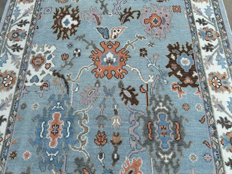 Premium Hand-Knotted Oushak Wool Rug - Steel Blue & Ivory Border Turkish Style Carpet - Custom Size Area Rug for Living Room, Bedroom & Dining Space