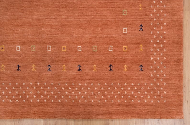 Premium Hand-Knotted Gabbeh Wool Rug - Minimalist Terracotta Rust Orange Striped Carpet