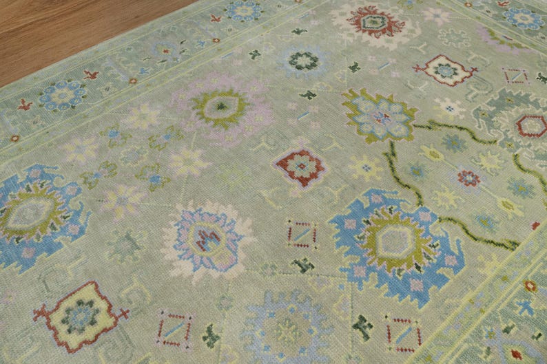 Premium Hand-Knotted Oushak Wool Rug - Muted Sage Green & Lavender Pastel Turkish Style Carpet - Custom Size Area Rug for Living Room, Bedroom & Nursery