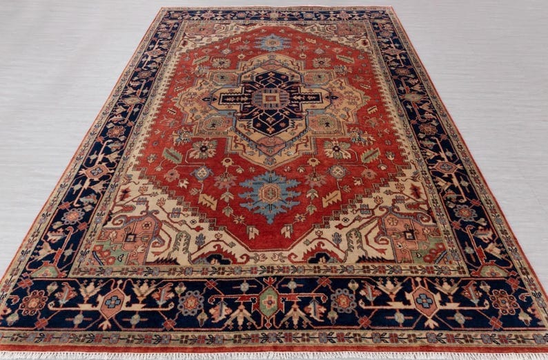 Premium Hand-Knotted Oushak Wool Rug - Terracotta Red & Navy Blue Traditional Carpet