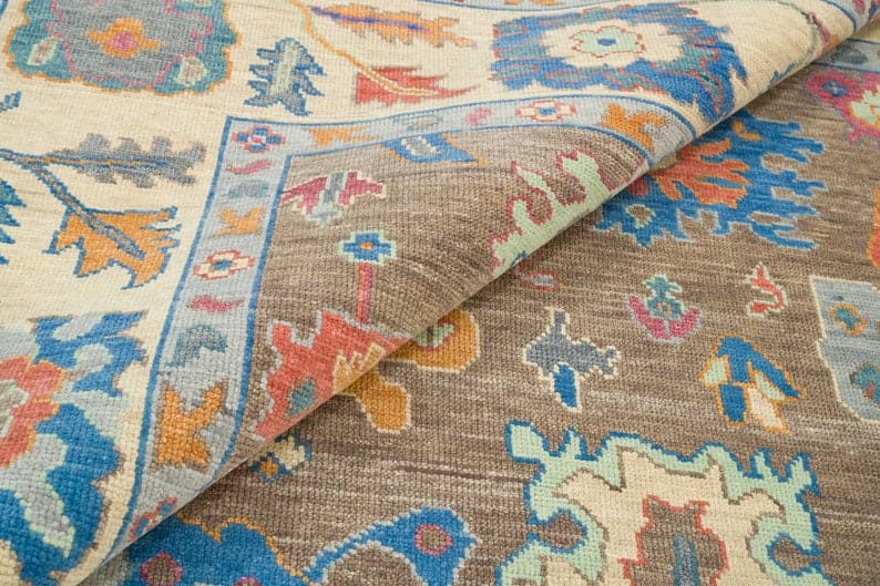 Premium Hand-Knotted Oushak Wool Rug - Vibrant Multi-Color Floral Turkish Carpet