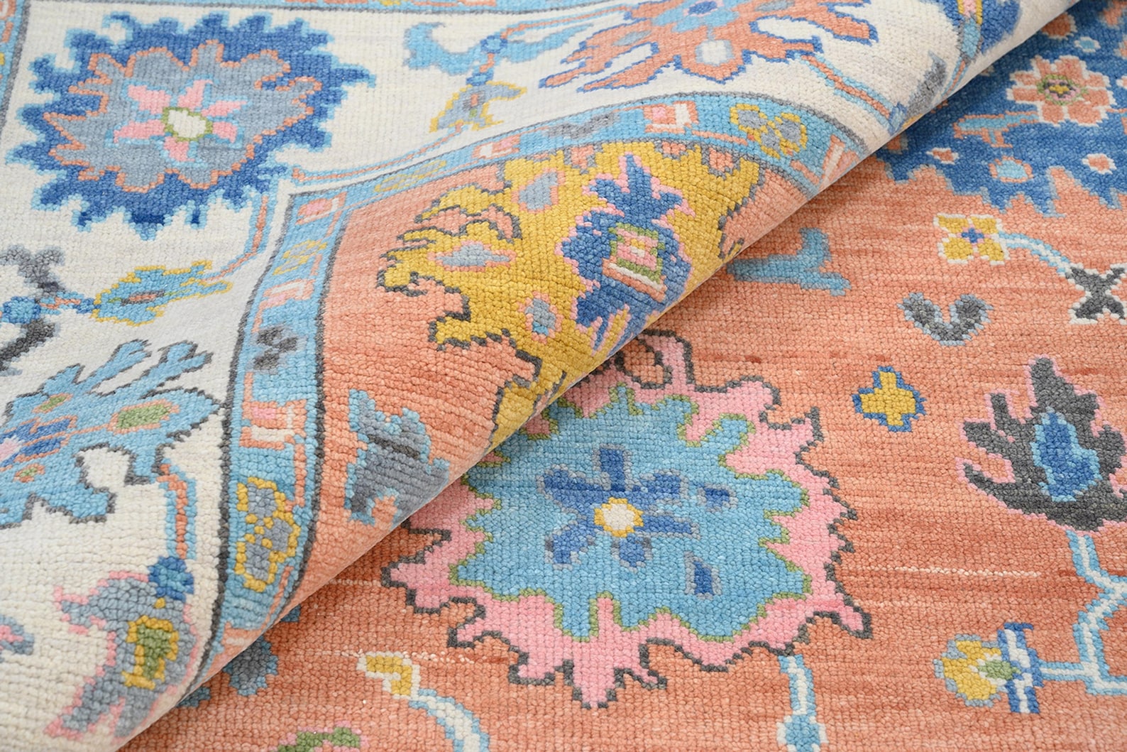 Premium Hand-Knotted Oushak Wool Rug - Vibrant Terracotta Orange Coral Floral Carpet
