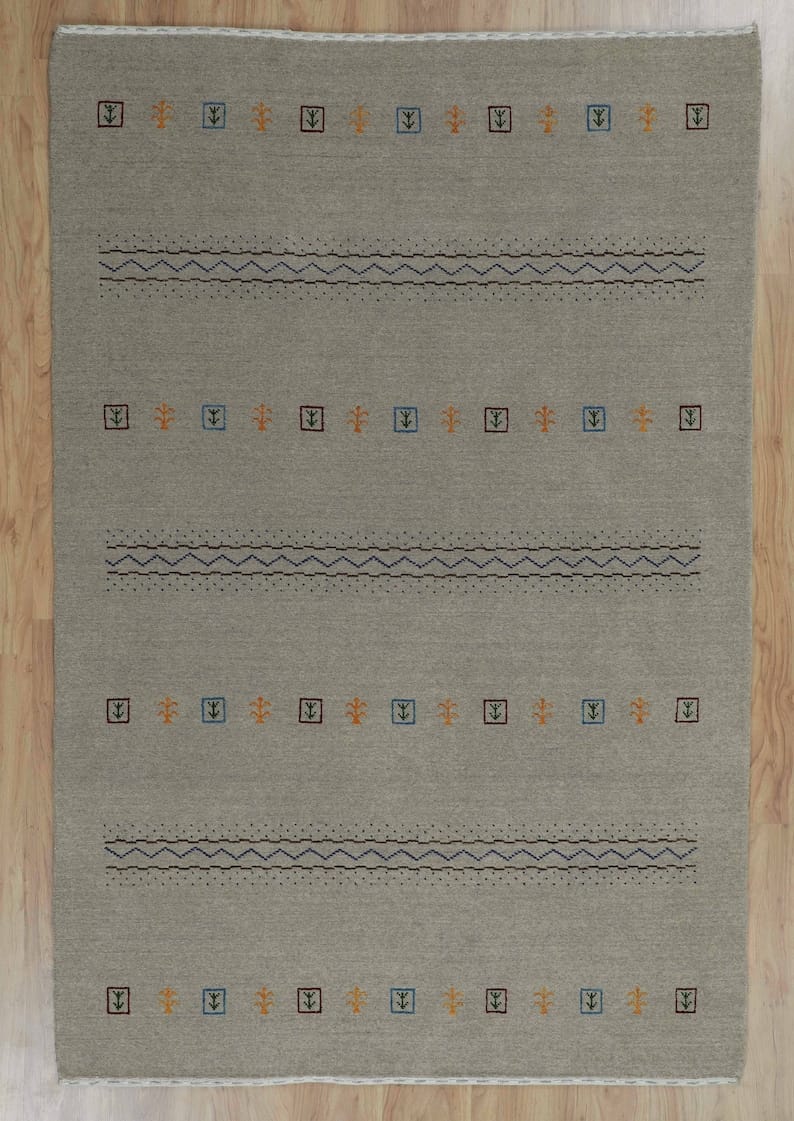 Premium Hand-Knotted Gabbeh Wool Rug - Minimalist Sage Olive Green Striped Carpet