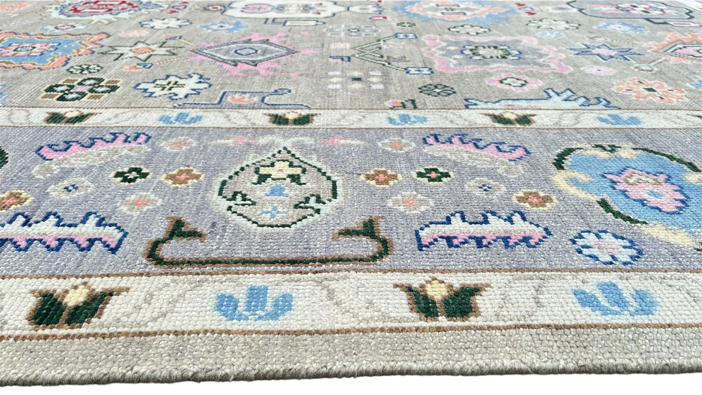 Premium Hand-Knotted Oushak Wool Rug - Muted Slate Blue Pastel Floral Carpet