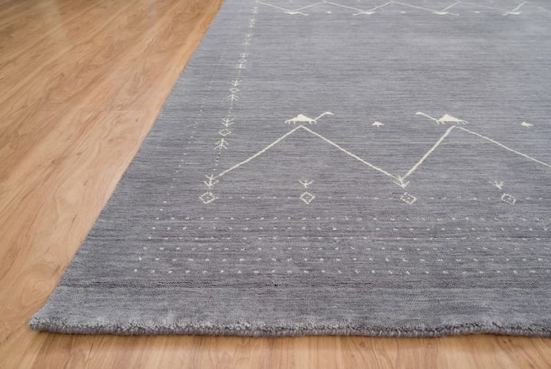 Premium Hand-Knotted Oushak Wool Rug - Grey Charcoal Minimalist Chevron Geometric Carpet