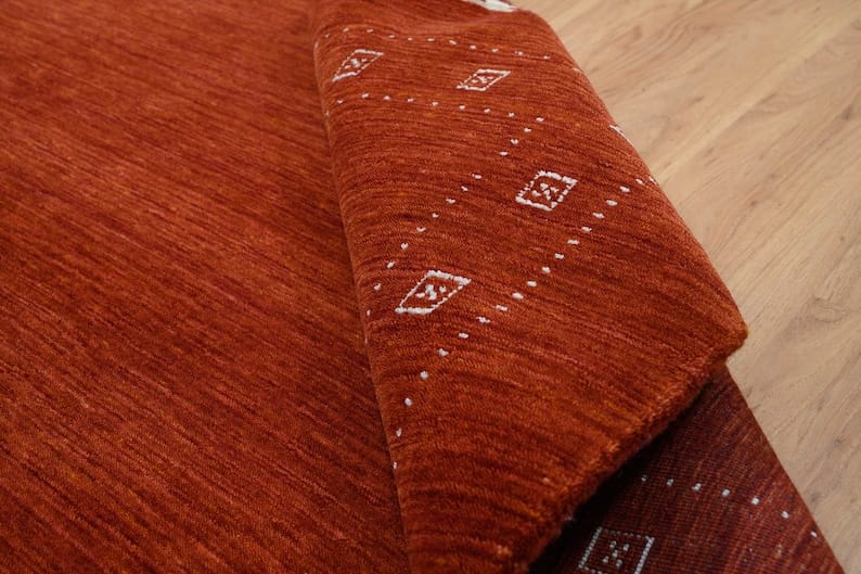 Premium Hand-Knotted Gabbeh Wool Rug - Solid Terracotta Red Rust Turkish Carpet
