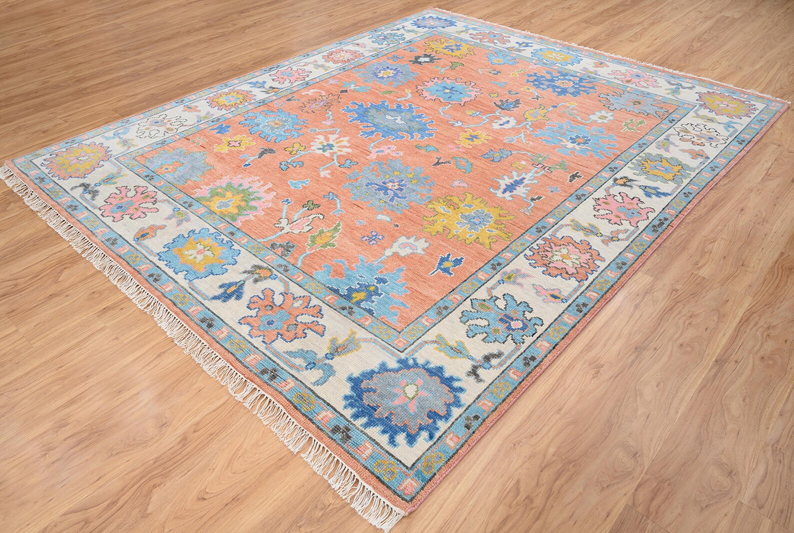 Premium Hand-Knotted Oushak Wool Rug - Vibrant Terracotta Orange Coral Floral Carpet