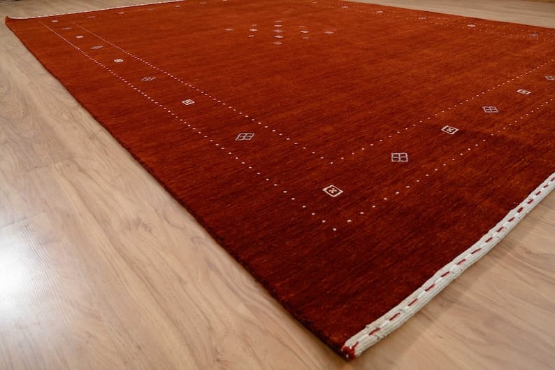 Premium Hand-Knotted Gabbeh Wool Rug - Solid Tomato Orange Red Turkish Carpet