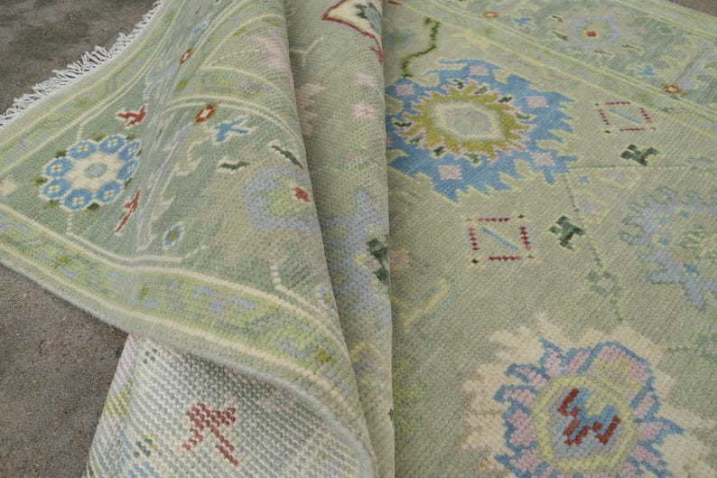 Premium Hand-Knotted New Zealand Wool Oushak Area Rug - Sage Green & Pastel Floral Traditional Carpet