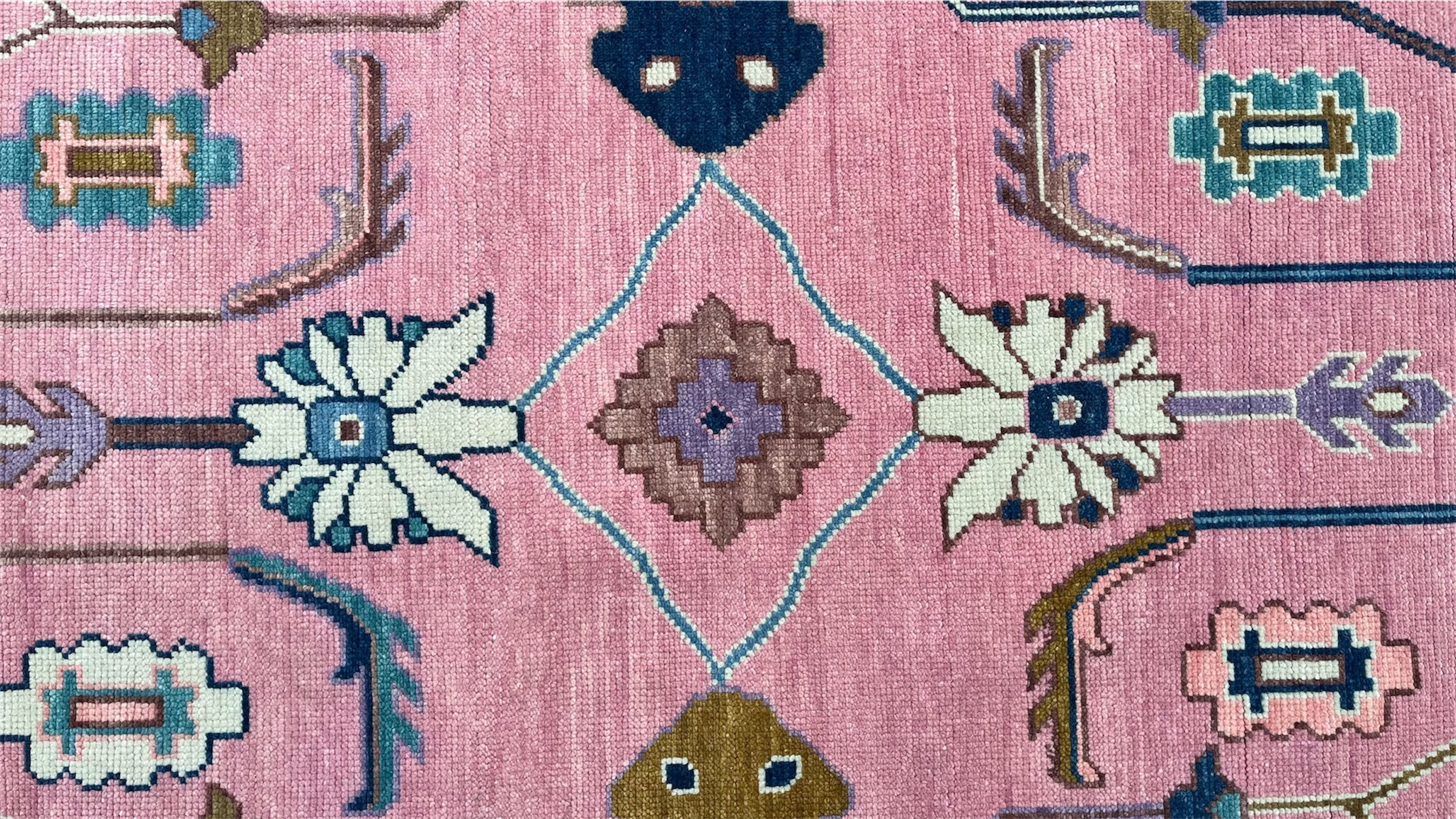 Premium Hand-Knotted Oushak Wool Rug - Soft Pink and Sage Green Floral Carpet