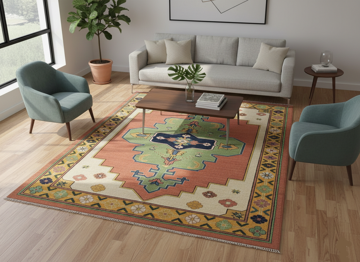 Premium Hand-Knotted Oushak Wool Rug - Vibrant Teal Blue & Terracotta Turkish Style Carpet - Custom Size Area Rug for Living Room, Bedroom & Dining Space