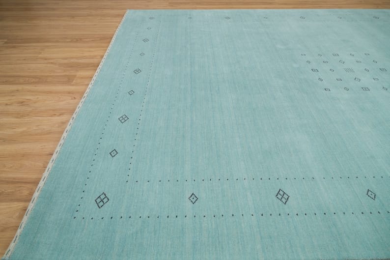 Premium Hand-Knotted Gabbeh Wool Rug - Minimalist Mint Green Aqua Blue Carpet