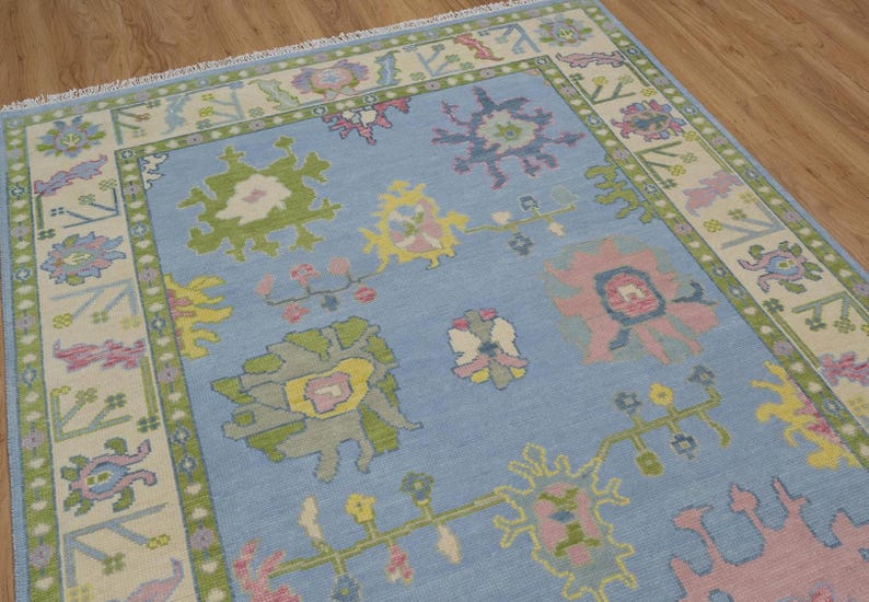 Premium Hand-Knotted New Zealand Wool Oushak Area Rug - Elegant Blue & Pastel Floral Traditional Carpet