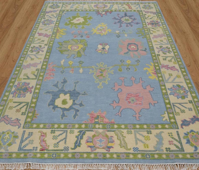 Premium Hand-Knotted New Zealand Wool Oushak Area Rug - Elegant Blue & Pastel Floral Traditional Carpet