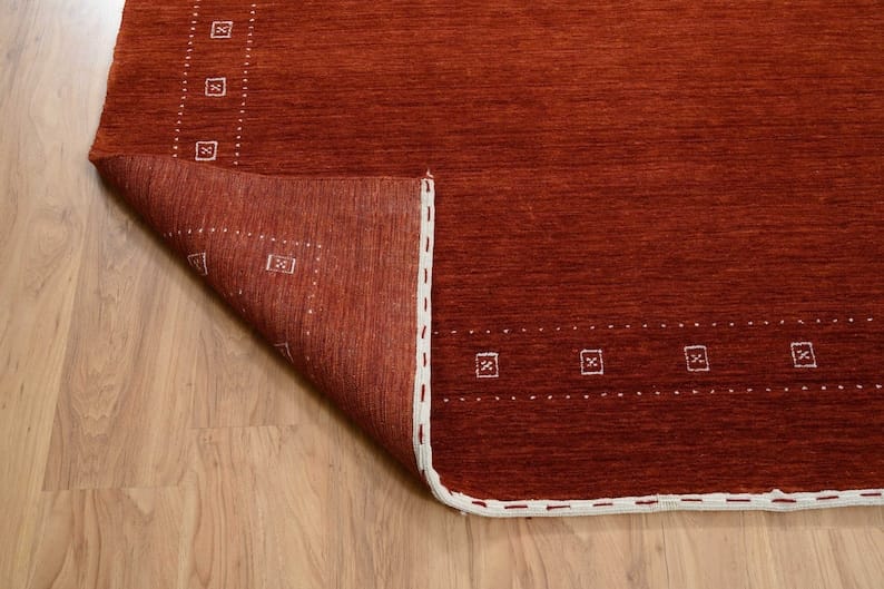 Premium Hand-Knotted Gabbeh Wool Rug - Solid Terracotta Red Rust Turkish Carpet