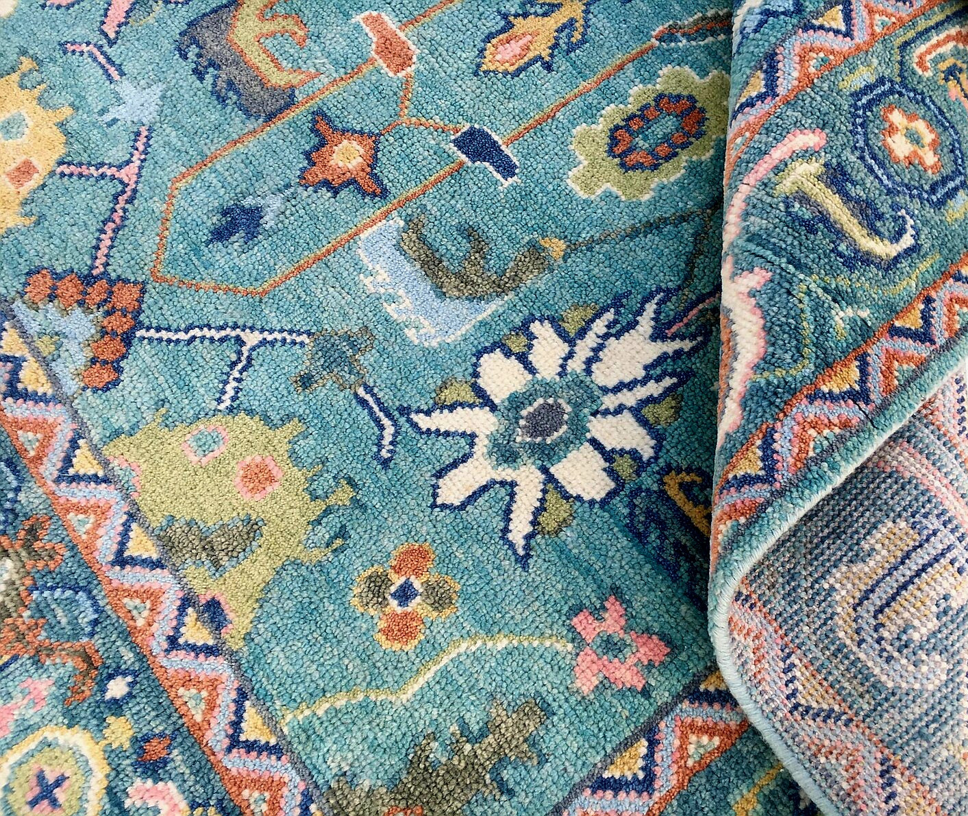 Premium Hand-Knotted Oushak Wool Rug - Vibrant Teal Blue & Terracotta Turkish Style Carpet - Custom Size Area Rug for Living Room, Bedroom & Dining Space